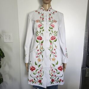 VICTOR COSTA Women's White Mandarin Collar Coat Floral Embroidery‎ XS NEW